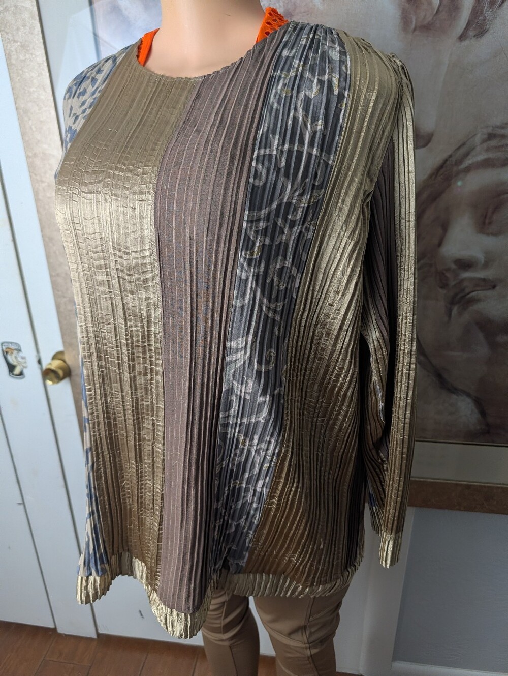 Jeanne Marc Vintage Pleated Blouse Gold Bronze Art To Wear Size M(12-14)